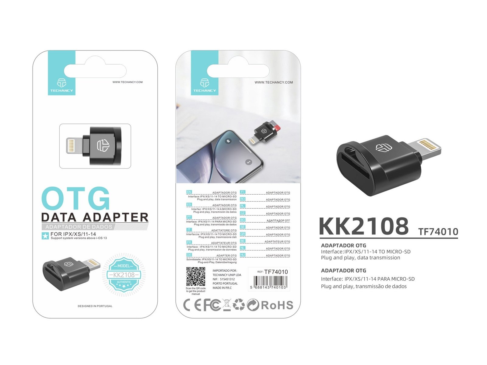 Leitor de cartões SD Techancy, adaptador Micro SD para Lightning, KK2108, compatível com iPad e iPhone, preto