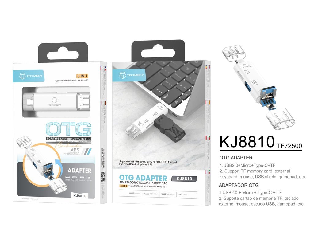 Adaptador OTG Techancy 5 em 1 com leitor de armazenamento compatível com telemóveis e computadores, KJ8810, branco