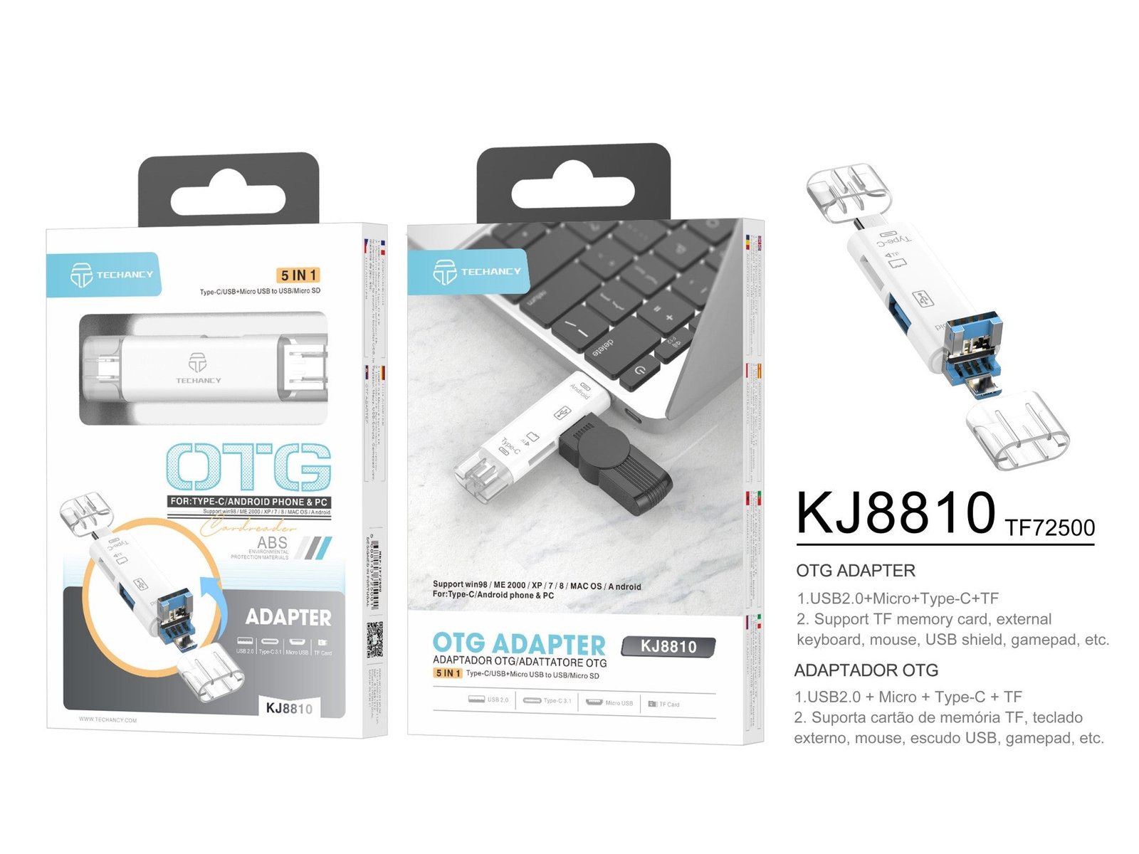 Adaptador OTG Techancy 5 em 1 com leitor de armazenamento compatível com telemóveis e computadores, KJ8810, branco