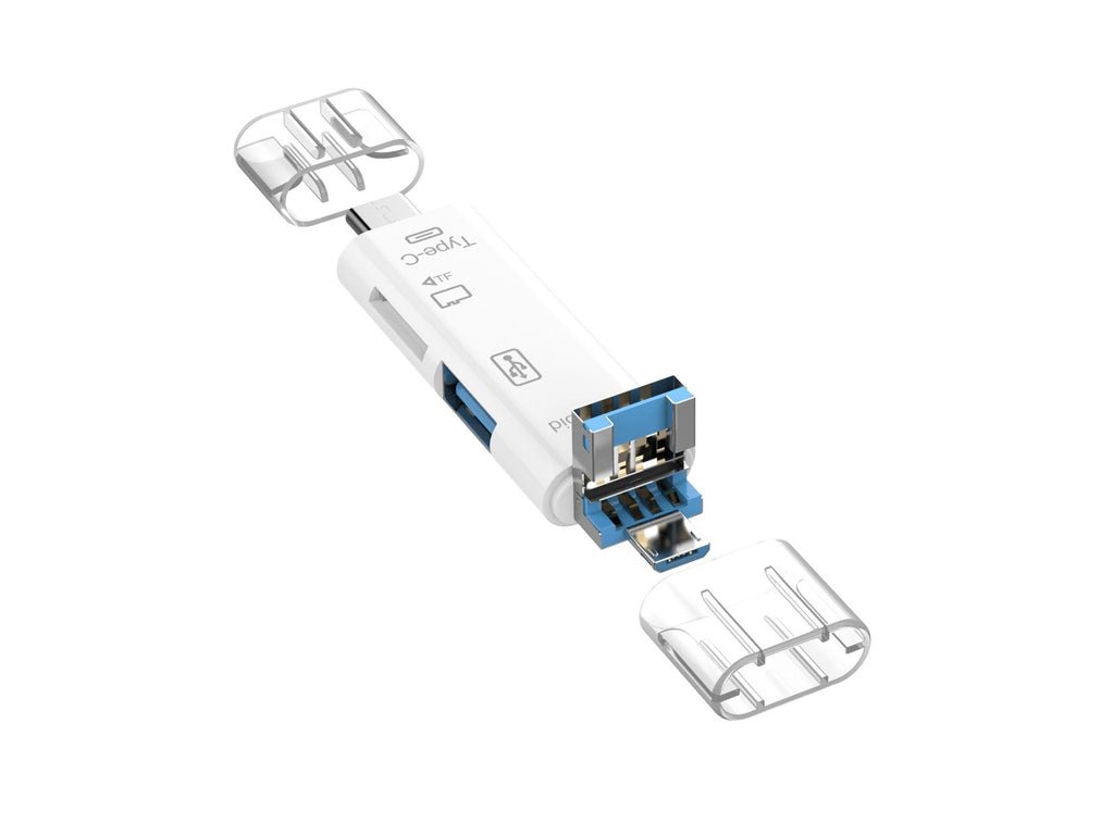 Adaptador OTG Techancy 5 em 1 com leitor de armazenamento compatível com telemóveis e computadores, KJ8810, branco