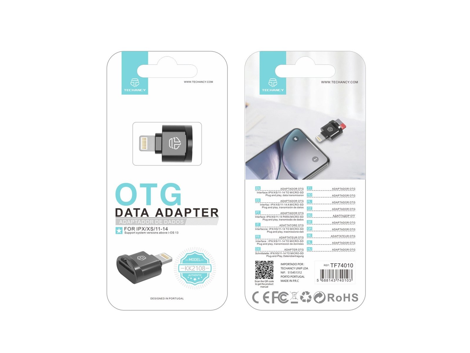 Leitor de cartões SD Techancy, adaptador Micro SD para Lightning, KK2108, compatível com iPad e iPhone, preto